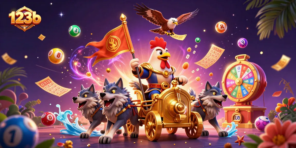 Engage with 123b's colorful lottery experience featuring dynamic elements and a cartoon warlord.