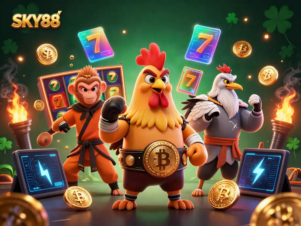 Experience the vibrant excitement at SKY88 casino with dynamic games and characters in an energetic scene.