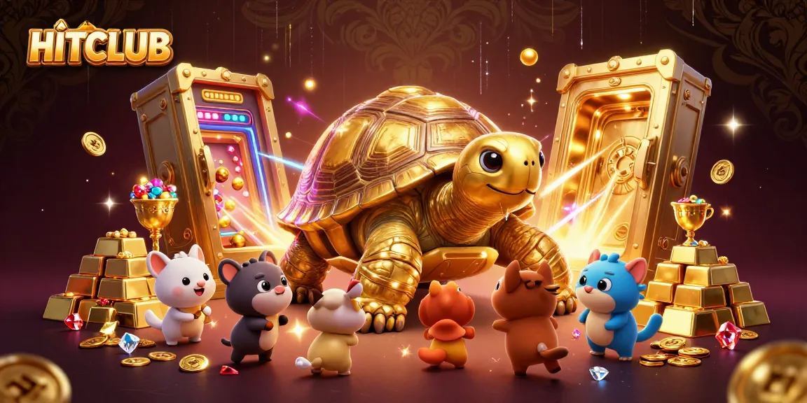 Engage with HITCLUB’s thrilling gaming experience featuring a lively pinball tortoise surrounded by treasures.