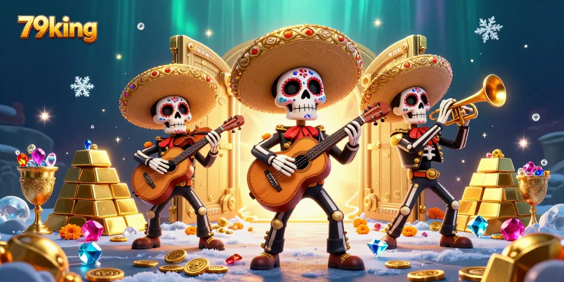 Engage in thrilling gameplay with 79king, where mariachi musicians surround golden treasures in a vibrant casino.
