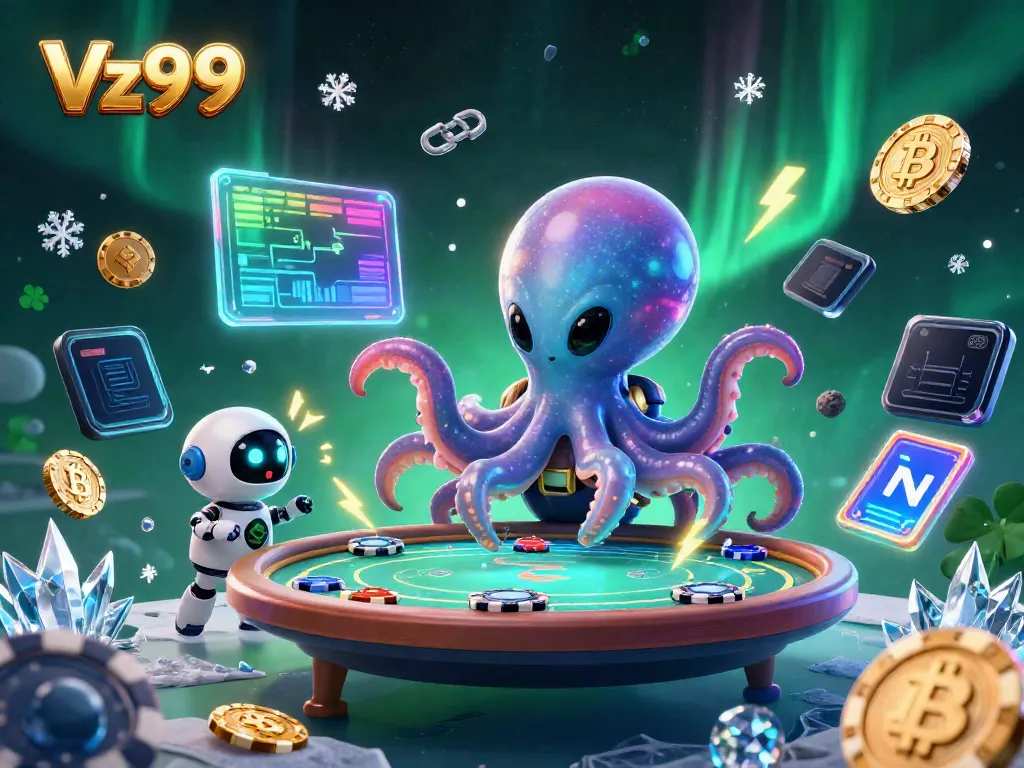 Experience exciting poker strategies with Vz99's alien octopus host in a futuristic casino.