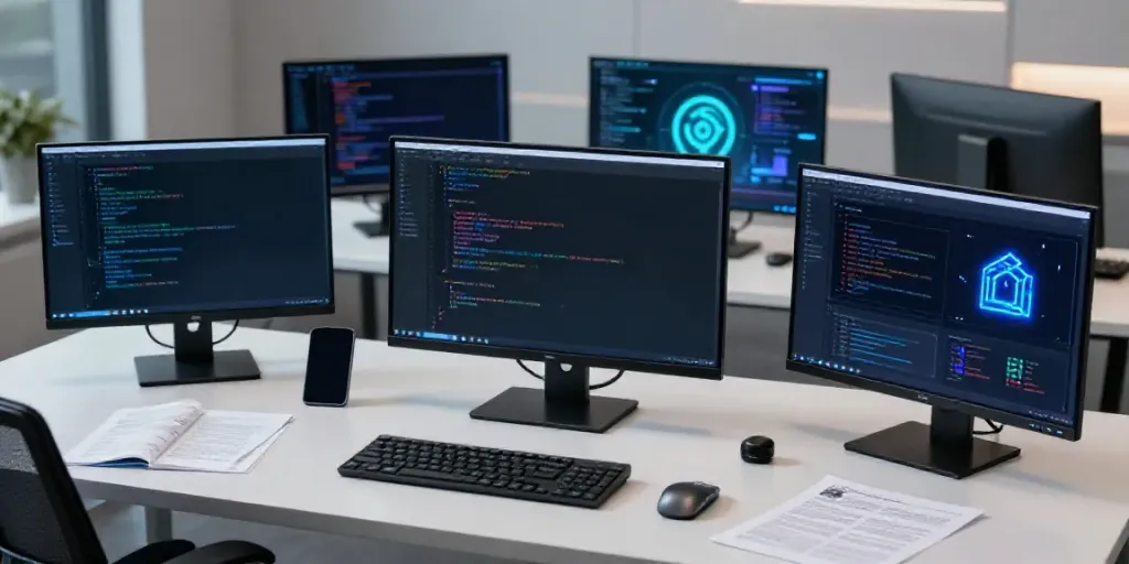 Zeppelin Casino: Modernes Entwicklerbüro mit Software-Dashboard und Blockchain-Visualisierungen.