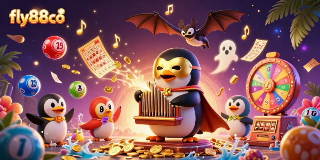fly88co penguin playing organ amidst dynamic lottery elements and colorful casino decor