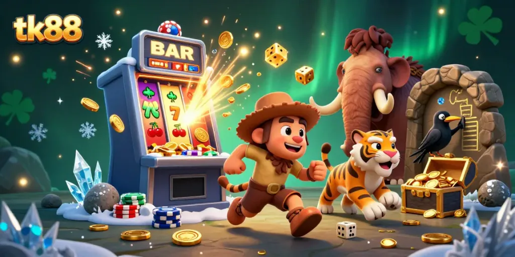 Experience the excitement of tk88 with caveman characters in a vibrant casino scene.