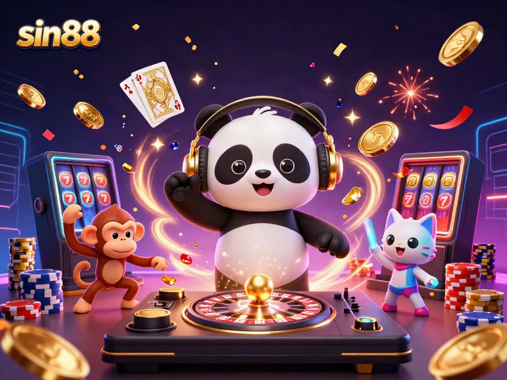 Experience the excitement of sin88 with a vibrant scene of gaming characters celebrating wins with coins and cards.