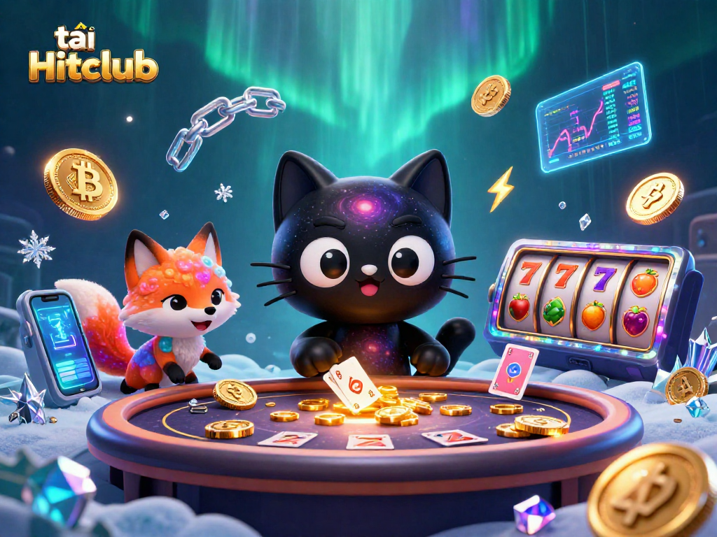 Experience the thrill of tải Hitclub at a cosmic casino with a black hole cat and nebula fox.