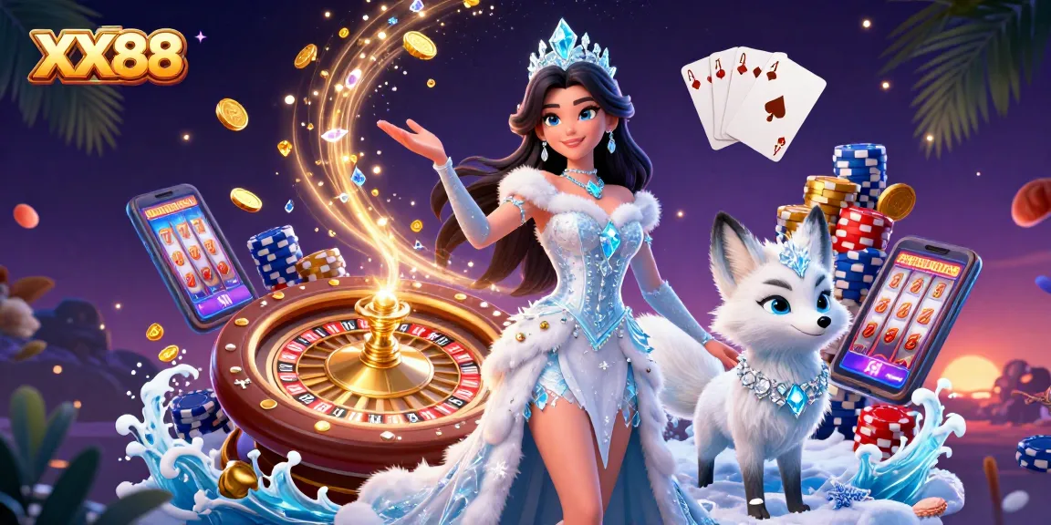 Place bets and enjoy thrilling games with XX88's vibrant casino scene illustration featuring stunning characters and dazzling elements.