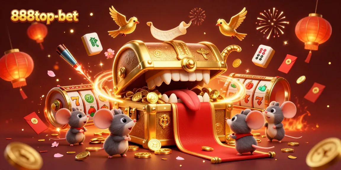 Experience the thrill of 888top-bet with a treasure chest and slot game elements in a vibrant 3D scene.