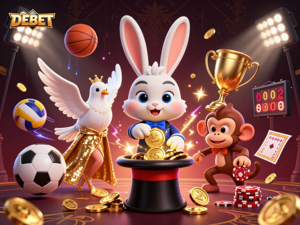DEBET showcases a vibrant casino scene with a magician rabbit, dove, and monkey amidst dynamic betting action.