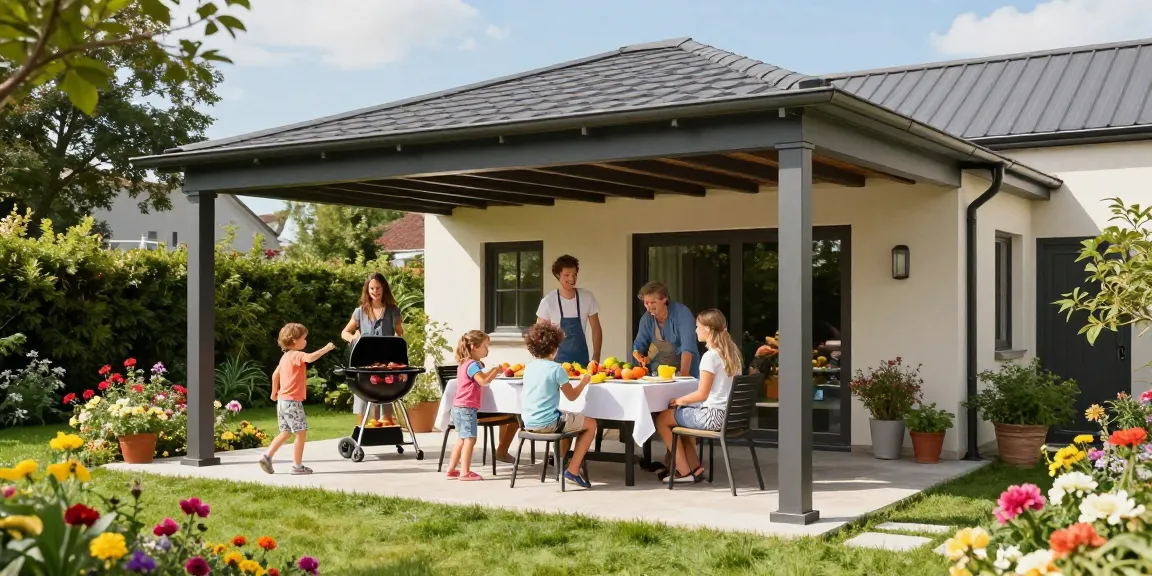 Terrassenüberdachung freistehend im Garten, Familie genießt BBQ unter dem Dach.