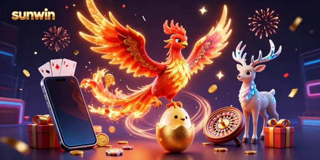 Experience the excitement of sunwin with a fiery phoenix and casino elements in a dynamic scene.