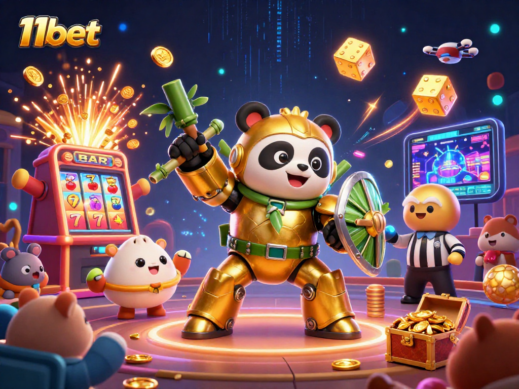 Experience thrilling 11bet gameplay with a golden panda in mech-suit battling in a vibrant casino arena.