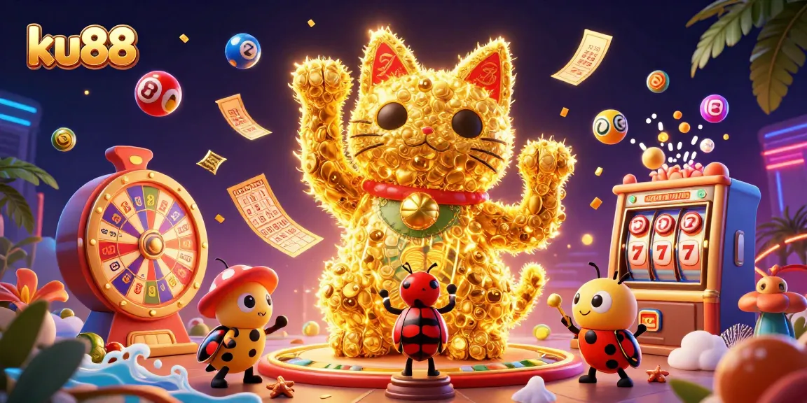 Win exciting prizes with ku88's vibrant casino-themed digital illustration featuring a lucky cat.
