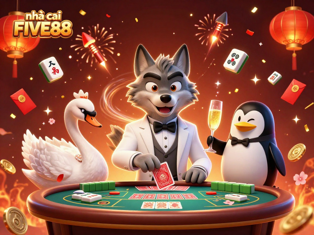 Experience game excitement with nhà cái FIVE88 featuring a debonair wolf, elegant swan, and sophisticated penguin in a vibrant casino scene