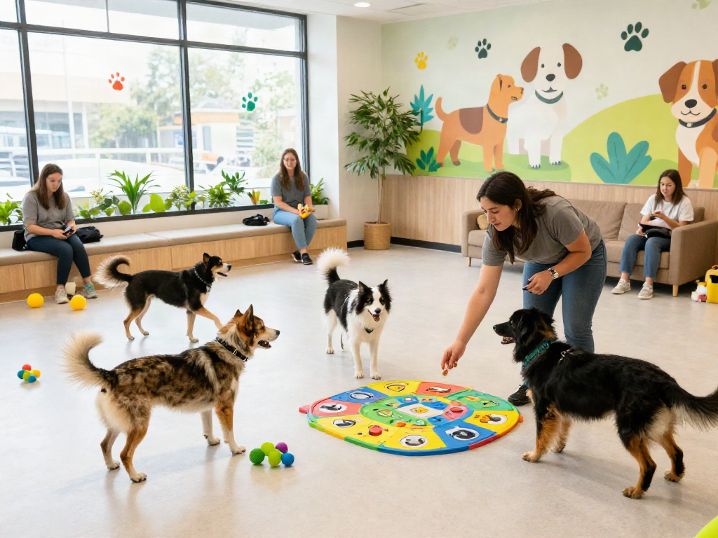 Dogs enjoying the slot 10k training game in a happy daycare atmosphere.
