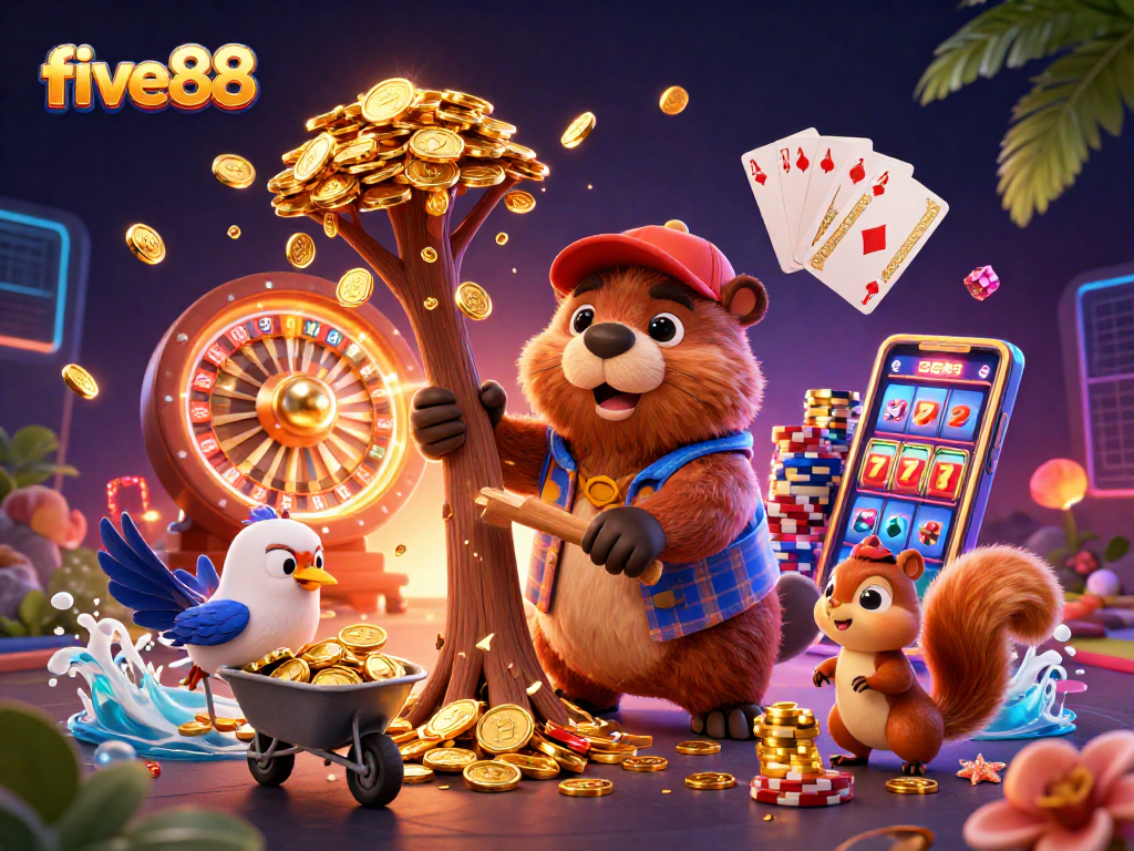Win big with five88 as a beaver collects golden coins in a vibrant casino scene.