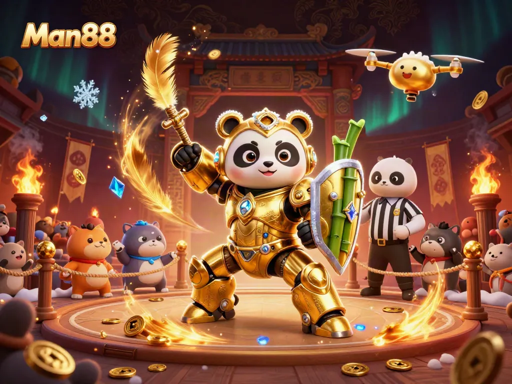 Engage in thrilling action at Man88 with a golden panda in a mech-suit amidst dynamic gambling elements.