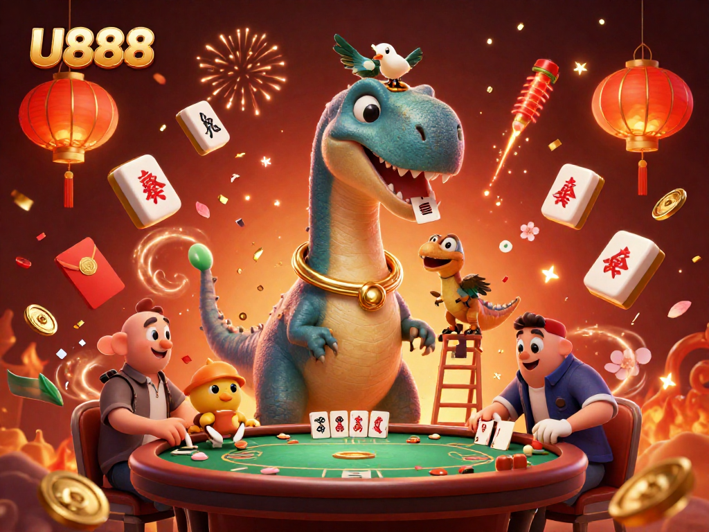 Engage with U888's exciting casino experience featuring a whimsical dinosaur and poker action.