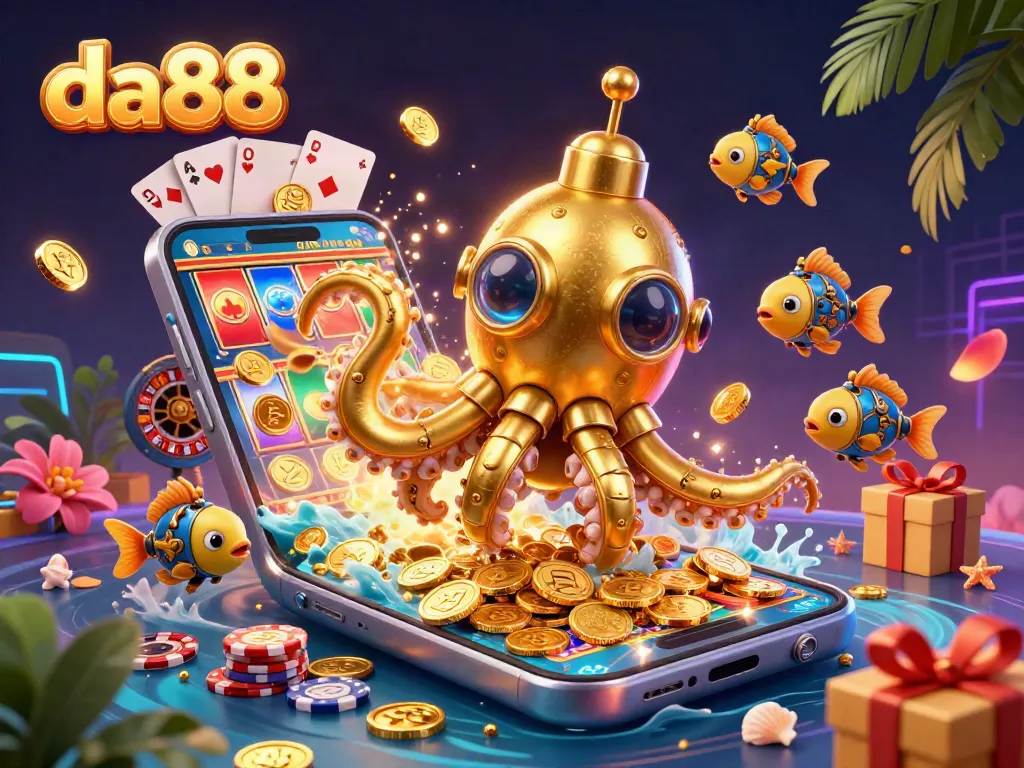 Experience thrilling moments with da88, showcasing a cartoon golden kraken and vibrant slot game elements.