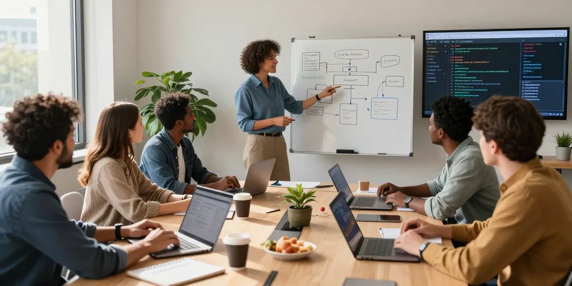 Build internal tools with AI in dynamic team collaboration setting with laptops and whiteboard.
