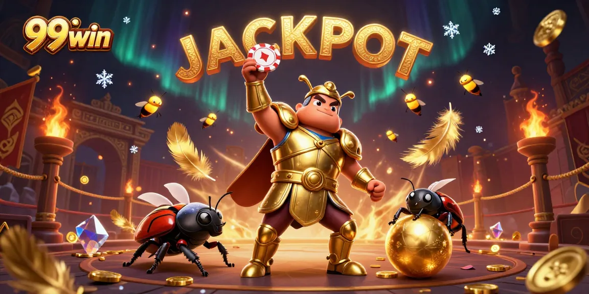 Experience excitement at 99win with a heroic beetle winning big in a vibrant casino scene.