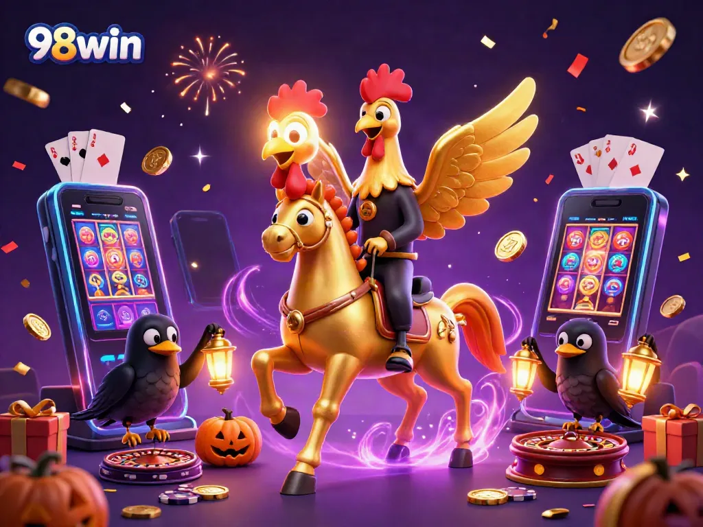 Engage with 98win's vibrant casino adventures featuring a golden rooster and magical elements.