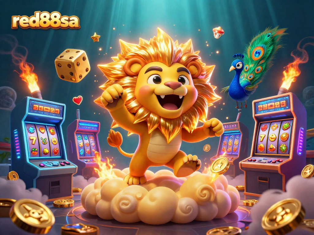 Engage with red88sa's thrilling casino adventure featuring a roaring lion, dice, and vibrant gaming elements.