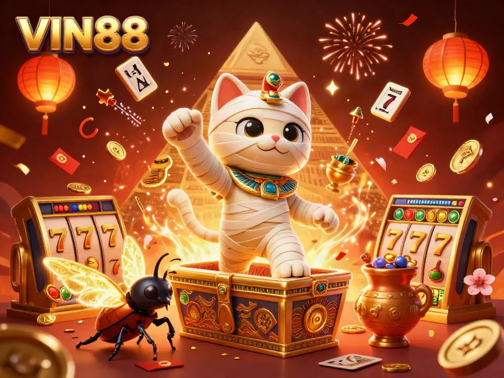 Experience thrilling slots and jackpots at VIN88 with a magical mummy cat in vibrant casino aesthetics.