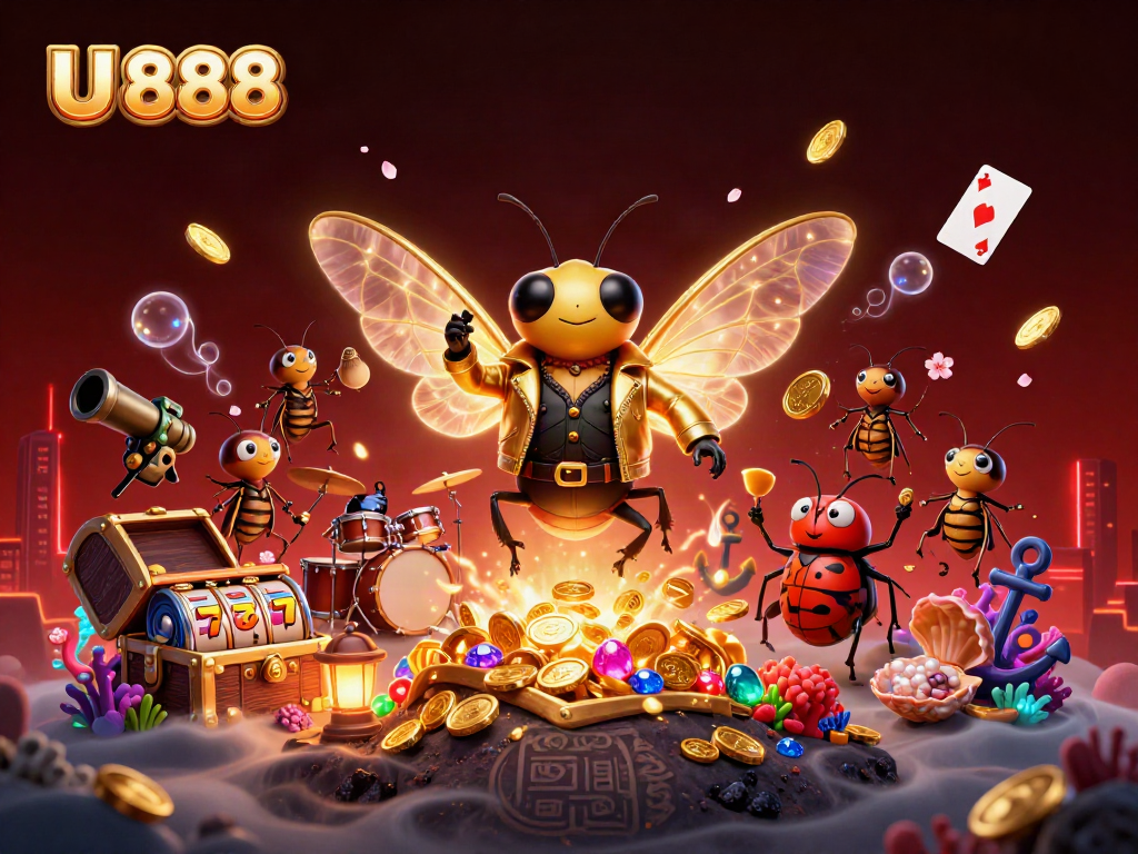 Engage with U 888's vibrant casino scene featuring a rock star, treasure, and exciting slot symbols.