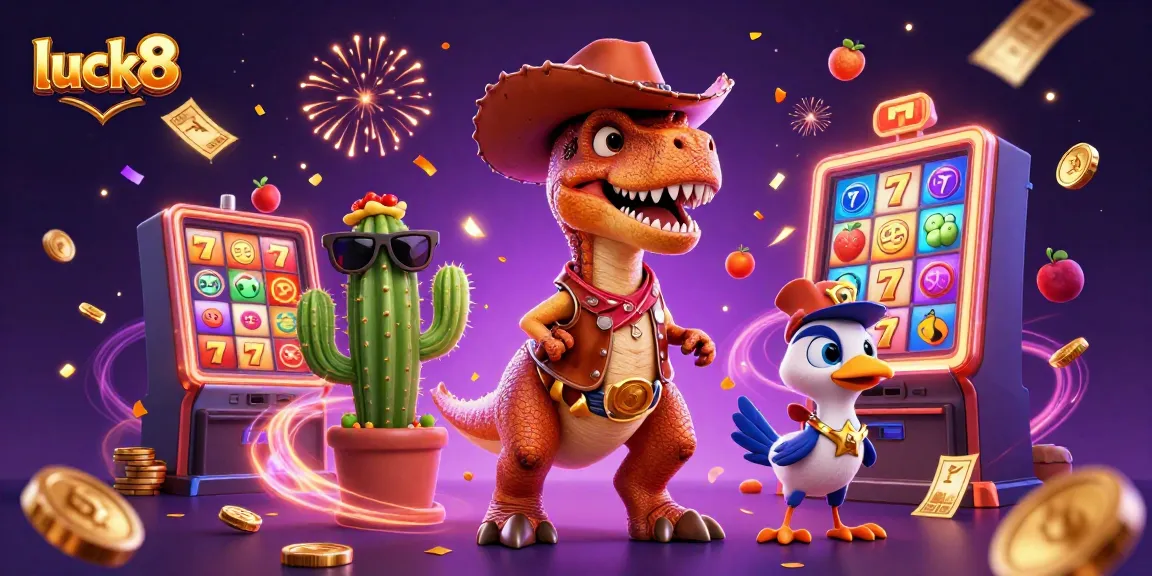 Experience thrilling wins with luck8 as the T-Rex and friends enjoy vibrant slot games.