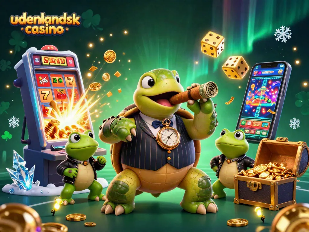Experience the excitement of udenlandsk casino with an animated 3D scene featuring a snapping turtle mobster and dynamic gaming elements.