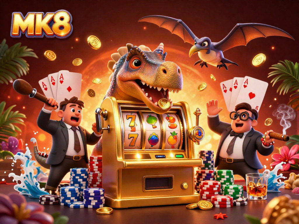 MK8 jackpot scene with dinosaur characters and casino elements celebrating a winning payout.