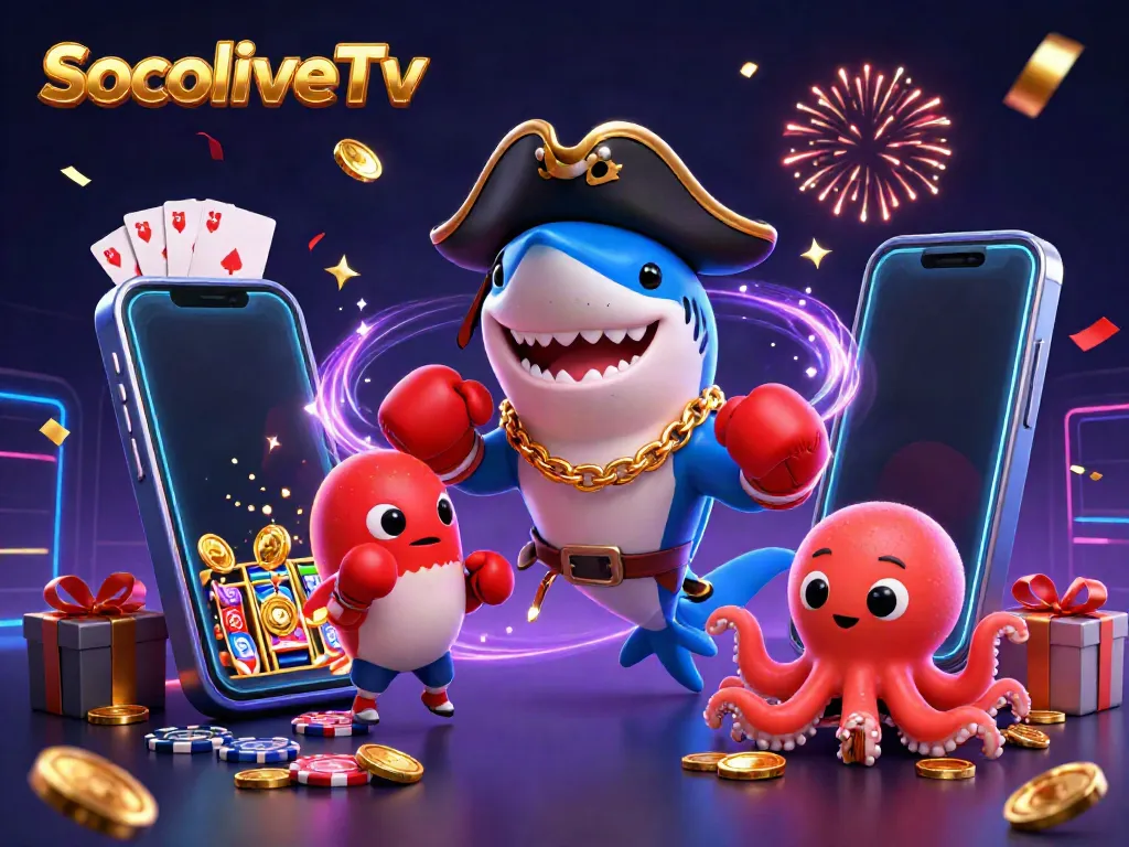 SocoliveTv features a pirate shark and friends celebrating winning at casino games with vibrant illustrations.
