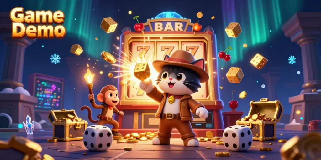 Experience thrilling Game Demo action with our dynamic, colorful casino scene featuring engaging characters amidst jackpot excitement.