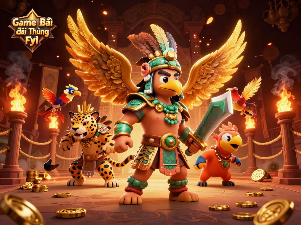 Engage in thrilling gameplay with the Game Bài Đổi Thưởng Fyi warriors surrounded by golden tokens and flames.