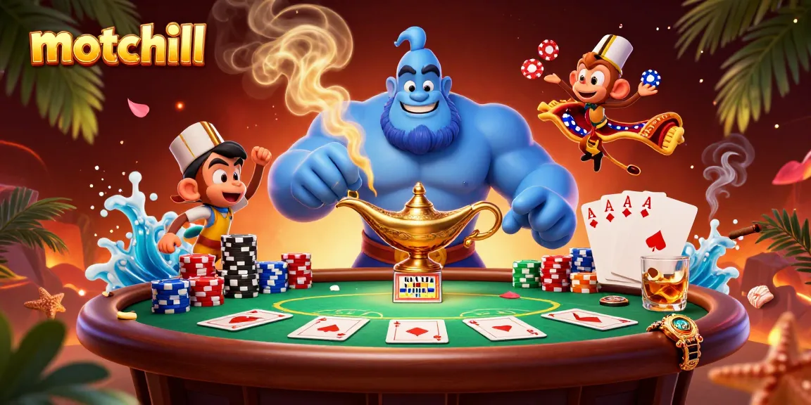 Experience the thrill of motchill with a vibrant casino scene featuring a genie, poker chips, and cards.