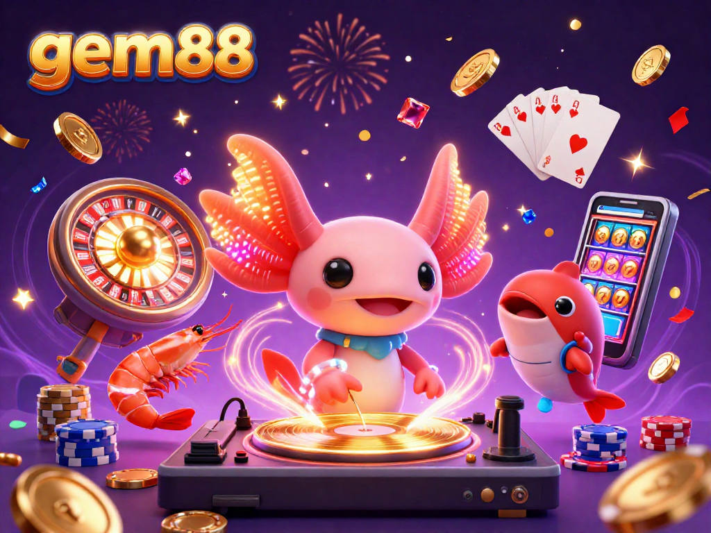 Experience gem88's vibrant energy with an axolotl DJ amid dazzling casino elements and fireworks.