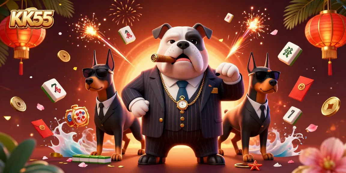 Experience high-stakes gaming with KK55 as the mafia boss and bodyguard characters surround dynamic casino elements.