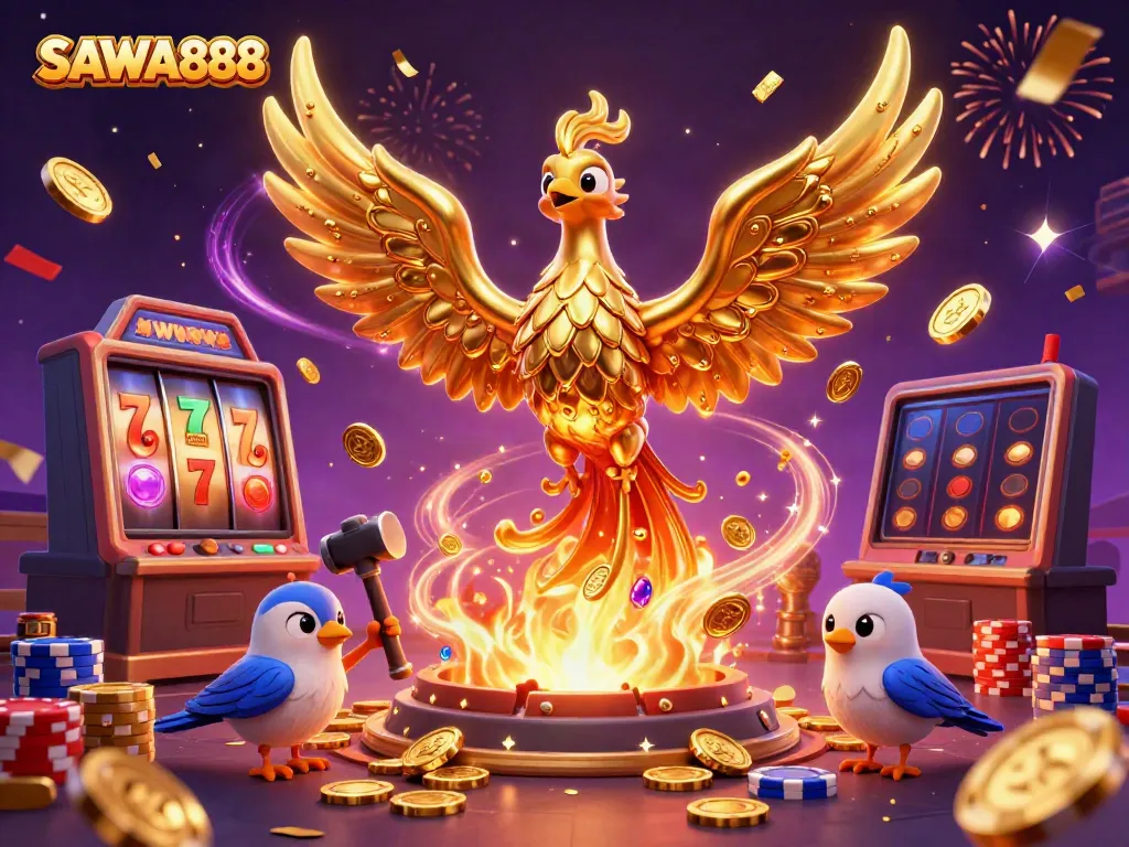 SAWA888 showcases a molten golden phoenix and vibrant casino symbols amidst dynamic gaming excitement.
