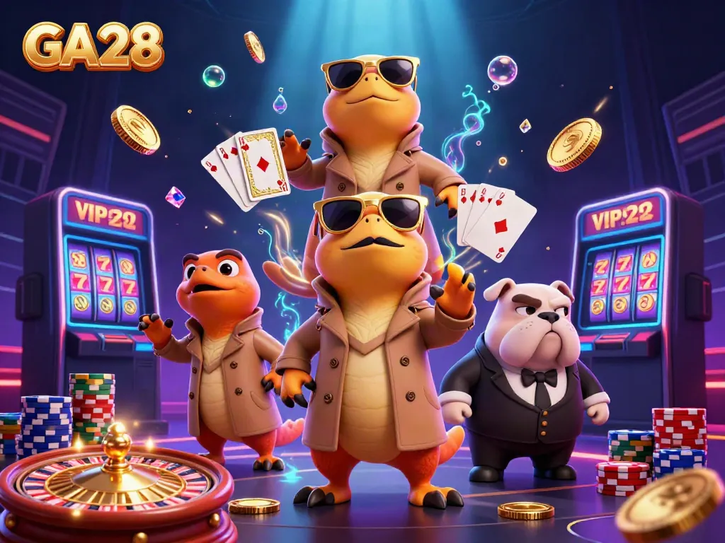 GA28 showcases three raptors in a trench coat amusingly trying to enter a VIP casino lounge.