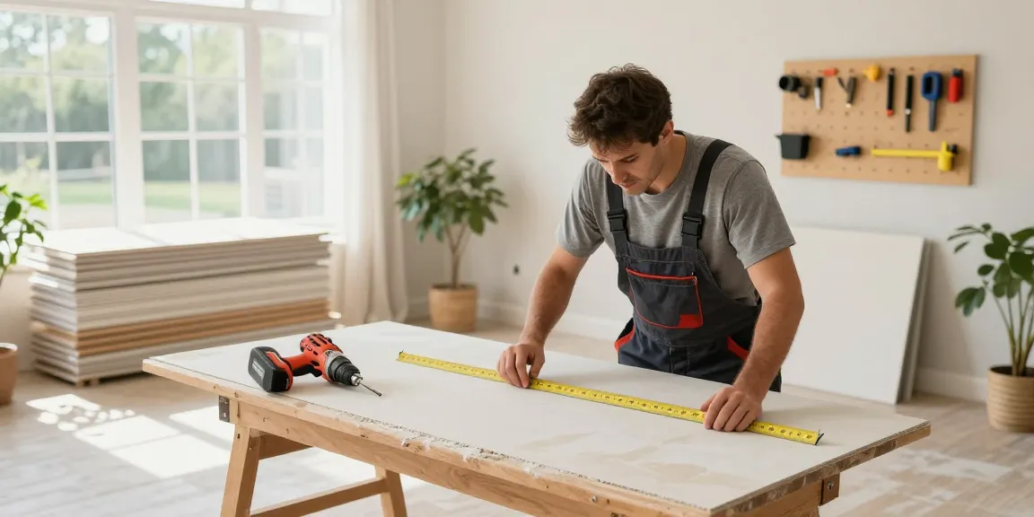 Trockenbau Augsburg: Professioneller Handwerker installiert Trockenbauplatten in modernem Wohnraum.