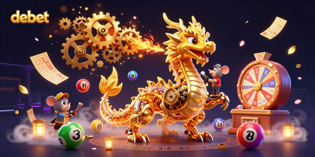 Engaging players with debet's colorful lottery balls and golden dragon in a vibrant casino scene.