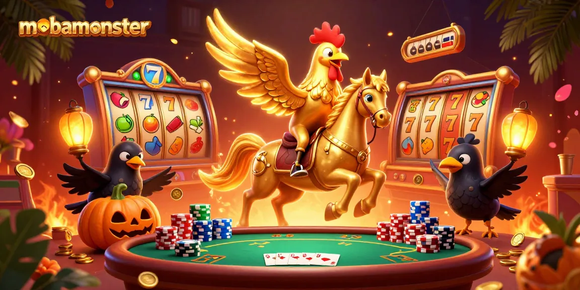 Engage in immersive gaming adventures with mobamonster's vibrant casino scene featuring a golden rooster and jackpot excitement.