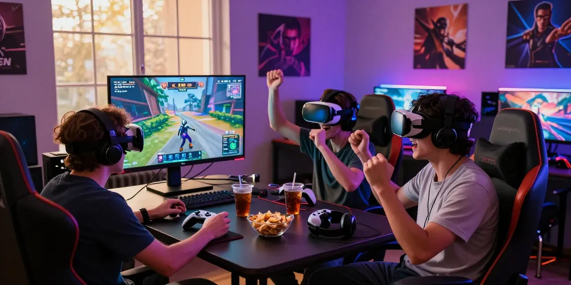 Friends excitedly gaming together, showcasing rokok88 experience with VR and console setups.