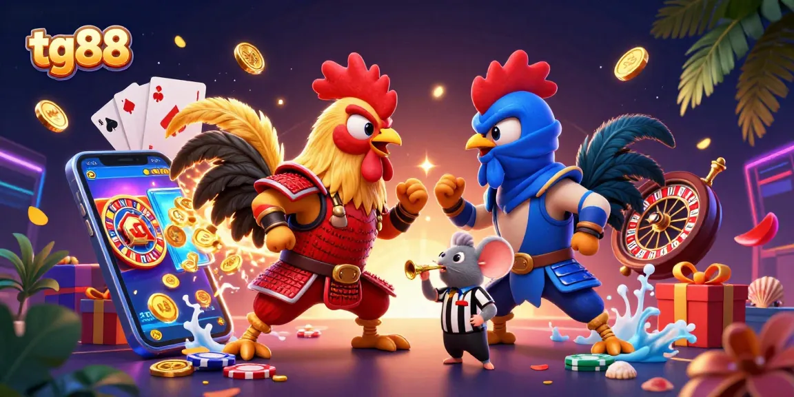 Engage with tg88's dynamic casino vibes featuring fighting roosters, gaming elements, and a neon backdrop.