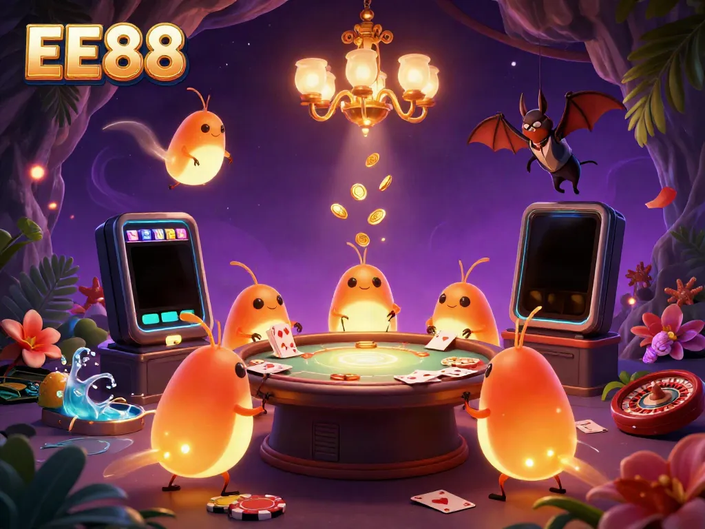 EE88 glowworms illuminate a lively casino scene with casino elements and dynamic games.