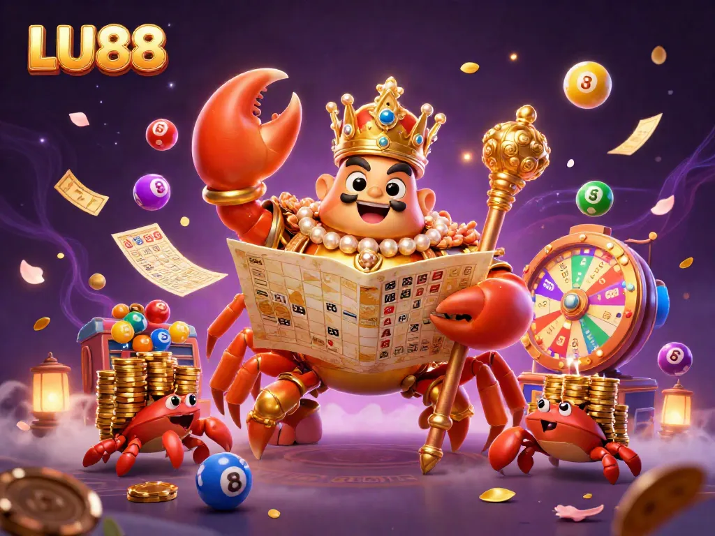 LU88 showcases vibrant casino elements in a dynamic 3D illustration featuring a golden crab emperor and lottery symbols.