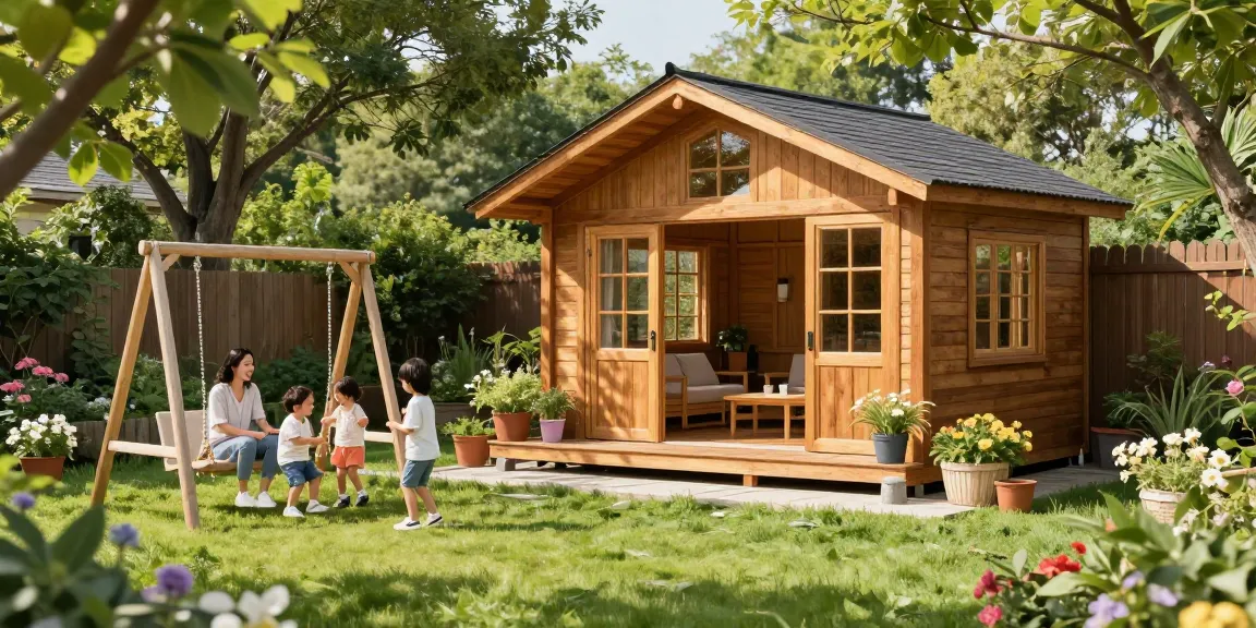 Ein wunderschönes Gartenhaus im Garten mit spielenden Kindern und entspannten Eltern. Gartenhaus zeigt seine hochwertige Holzbauweise.