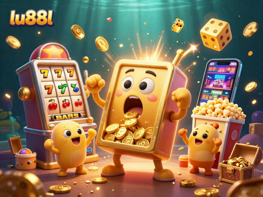 Experience the thrilling excitement of lu88l with a jubilant golden slot machine celebrating a jackpot amidst a vibrant casino atmosphere.