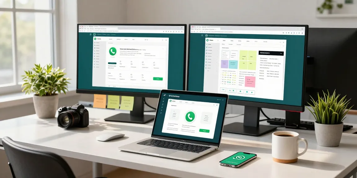 Accessing WhatsApp網頁版 in a modern workspace, featuring a laptop and vibrant office setup.